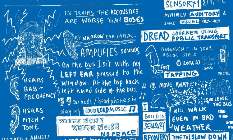 Illustrating experiences of transport impacting mental health, including sensory overload.