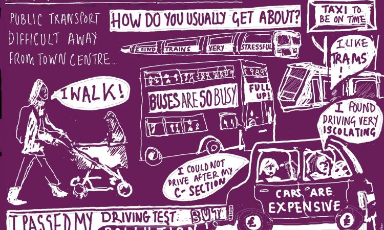 Illustration of maternal mental health and challenges with transport.