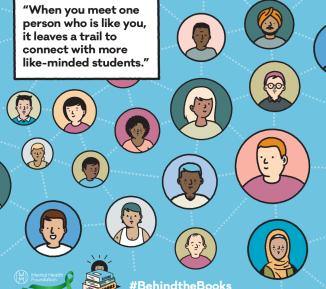 The background shows different drawings of lots of people in circles connected by dotted lines. There is also a quote: "When you meet one person who is like you, it leaves a trail to connect with more like-minded students"
