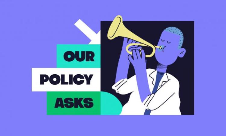A man playing the trumpet next to the words, 'Our policy asks'