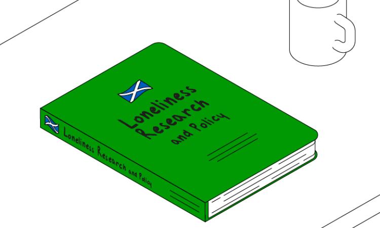Graphic of a book with the title 'loneliness research' for MHF Scotland