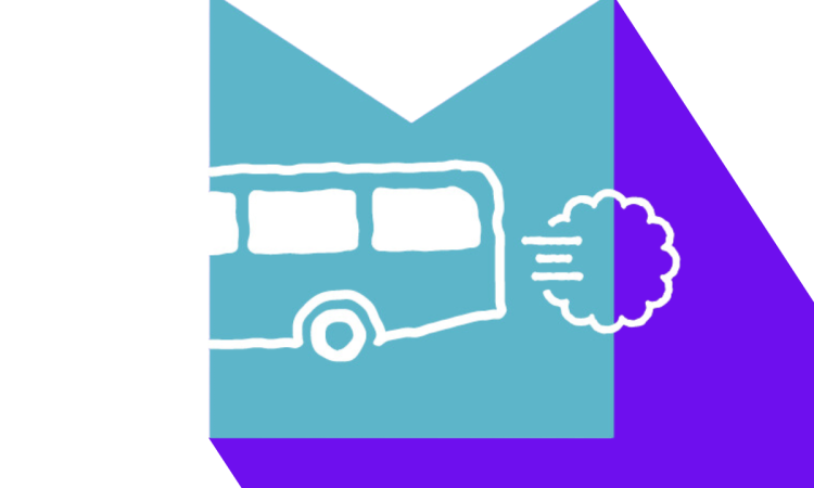 Illustration of a bus on a blue M-shaped background