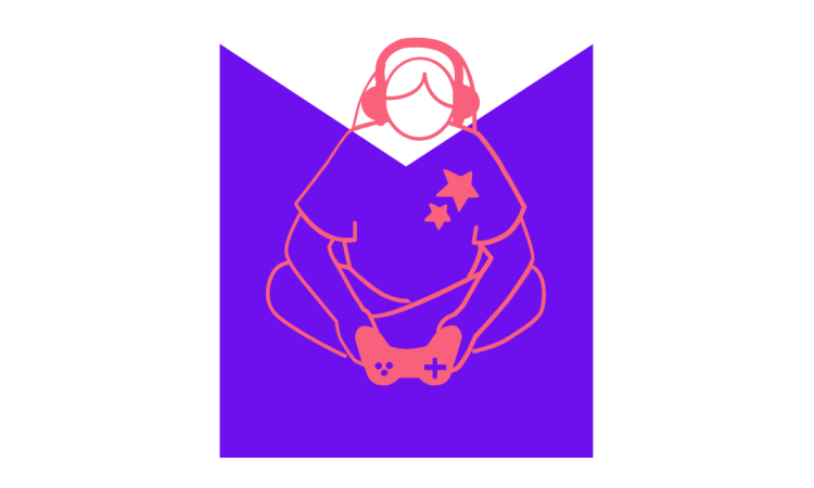 A sketch of a person sat cross-legged playing a game, on a purple M shaped graphic.