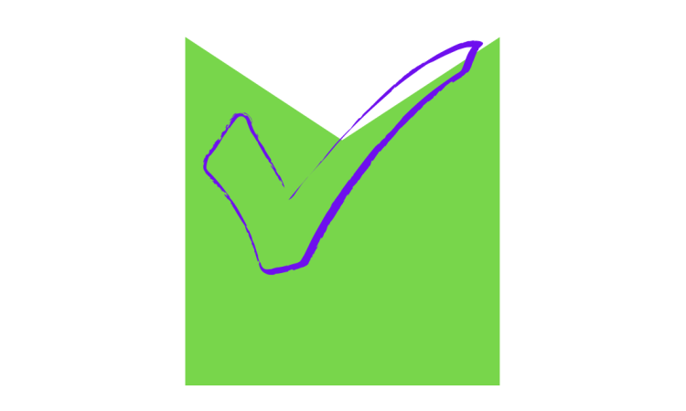 Drawing of a tick over an M shaped graphic