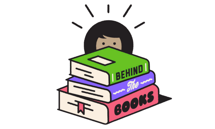 A stack of books with the words Behind The Books written on the spines