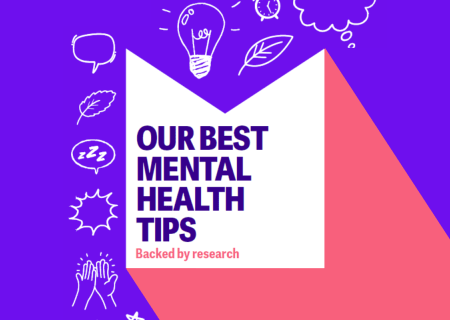 M-shaped graphic containing text reading Our best mental health tips. The graphic is surrounded by hand drawn illustration representing some things that can support your mental health