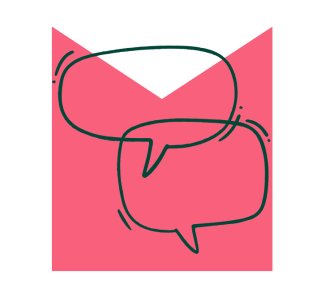 A sketch of two speech bubbles, on a pink M shaped graphic
