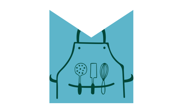 A sketch of an apron with kitchen utensils, on a light blue M shaped graphic