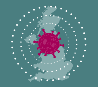Illustration of COVID virus over the UK