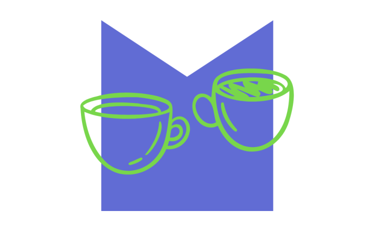 Sketch of two hot drink cups, on a lilac M shaped graphic