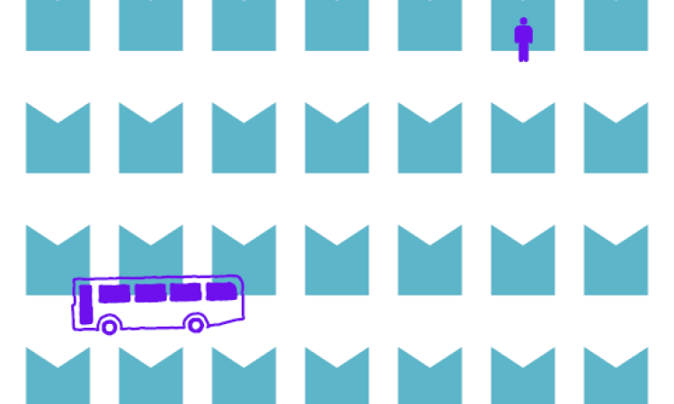 A illustration of a bus moving through rows of M-shaped houses