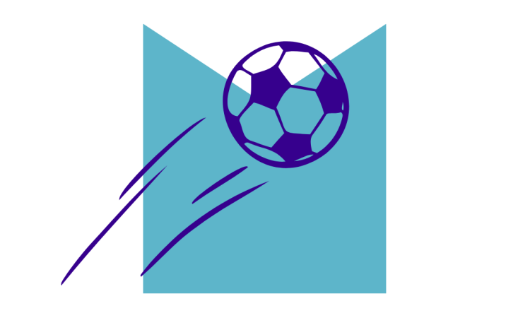 A sketch of a football in motion, on an blue M shaped graphic