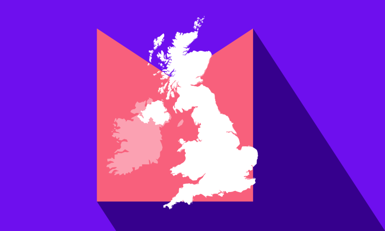 Map of the UK on a coral background