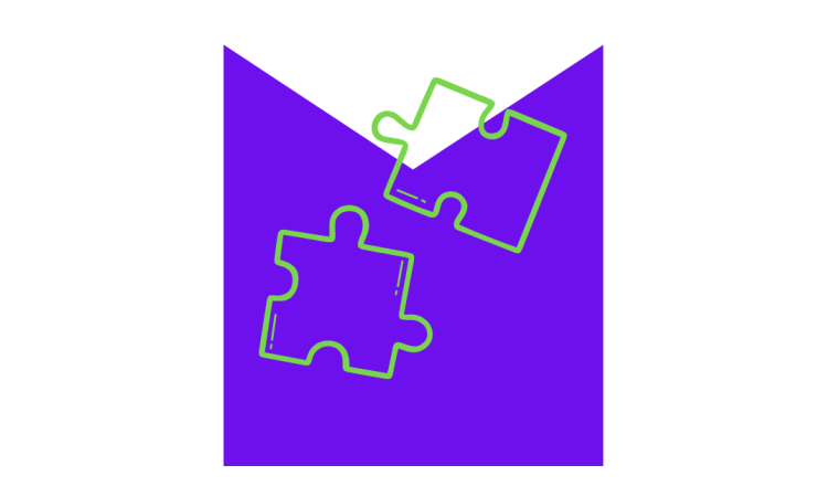 A sketch of two jigsaw pieces, on a lilac M shaped graphic