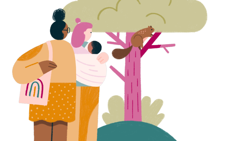 Graphic of a couple with a baby looking at a squirrel on a tree