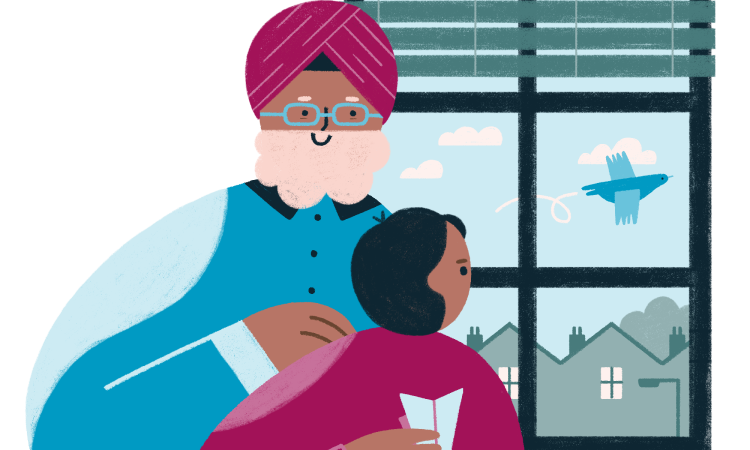 Graphic of a couple looking out a window at nature