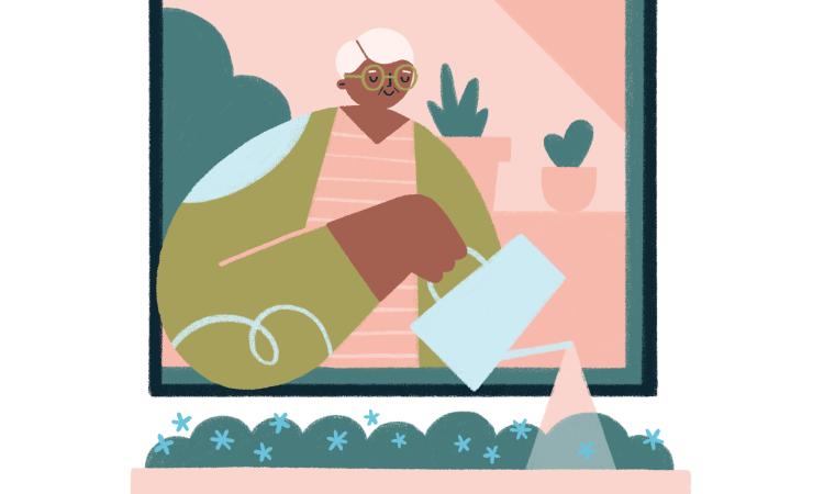 Graphic of a woman watering her window basket of plants