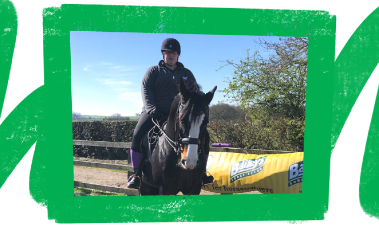 A photo of Jenna riding her horse in a paddock. The photo is surrounded by a green hand-drawn frame.