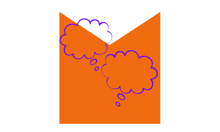 2 thought bubbles over a M shaped graphic