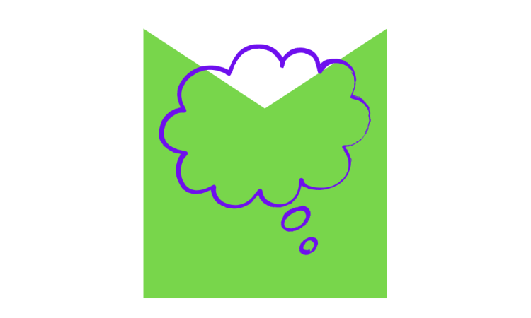 Thought bubble over M shaped graphic
