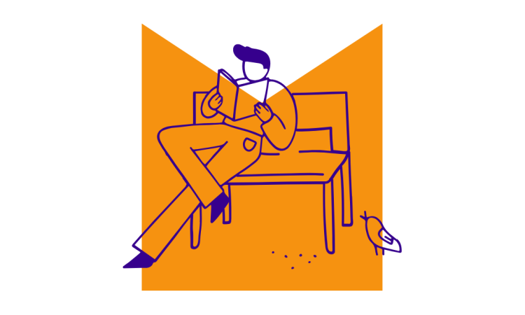 An illustration of someone sitting reading on a bench