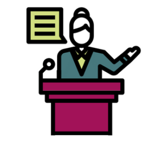 Graphic showing a woman standing a lectern speaking