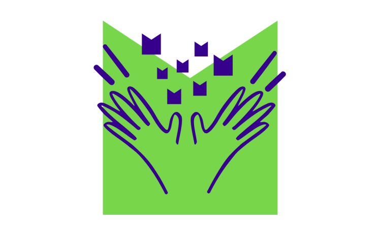 A drawing of hands open, on a green M shaped graphic