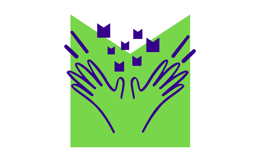 A drawing of hands open, on a green M shaped graphic