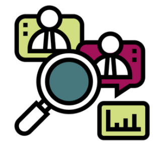 Graphic of magnifying glass with people and graph
