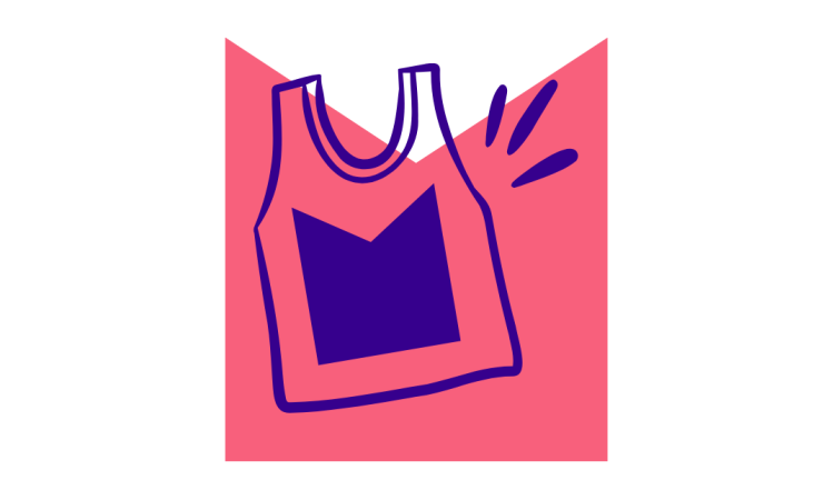 A drawing of a running vest, on a pink M shaped graphic