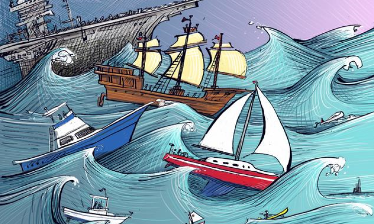 Ships on a rough sea - painting