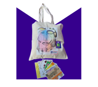 A tote bag and collection of postcards