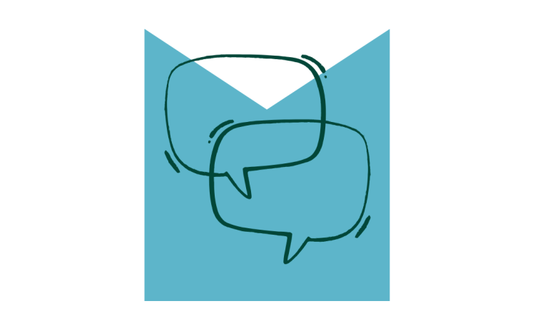 Overlapping speech bubbles over an M shaped graphic