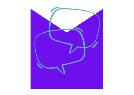 Overlapping speech bubbles on an M shaped graphic