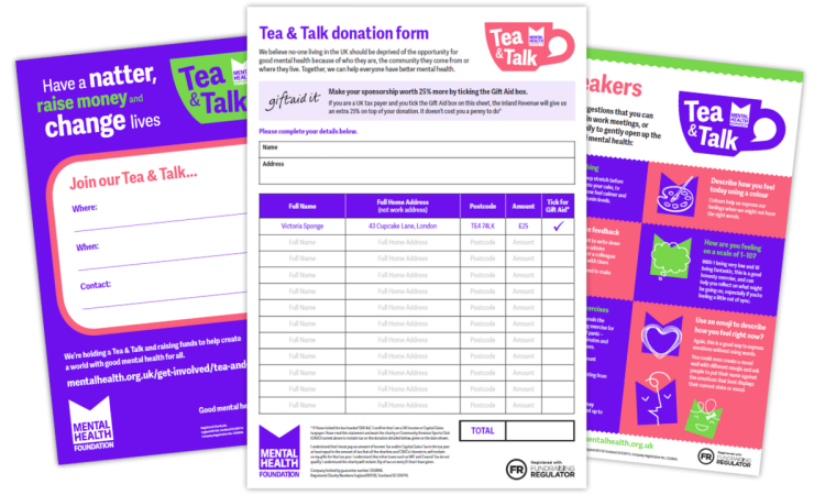 Three documents on a white background - a sponsor form, poster and icebreaker for Tea and Talk