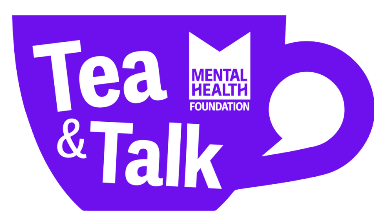 Tea & Talk logo with text and MHF logo on a purple tea cup. The hole in the handle is in the shape of a speech bubble