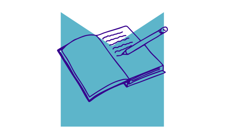 Sketch of open book with a pen, on an M shaped graphic